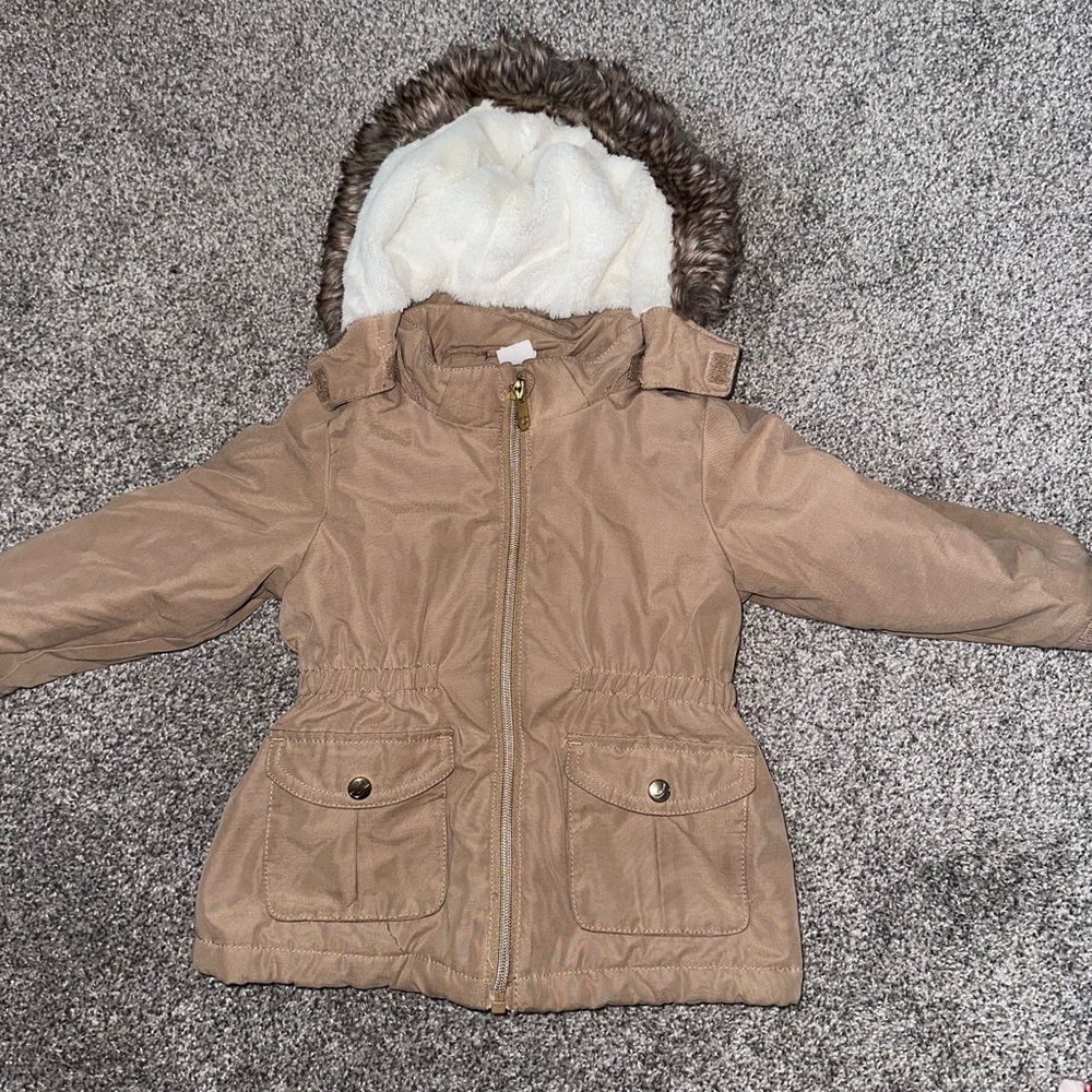 Kids Tan Hooded Winter Jacket with Faux Fur Trim
